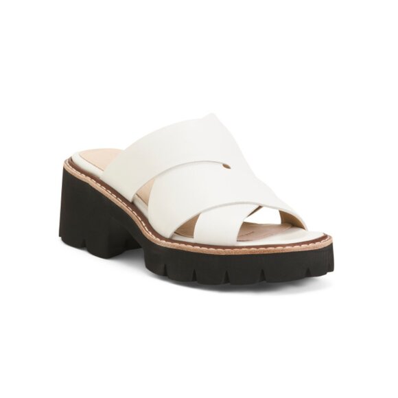 ALL BLACK White Leather Wide Lugg Cross Mule Sandals
